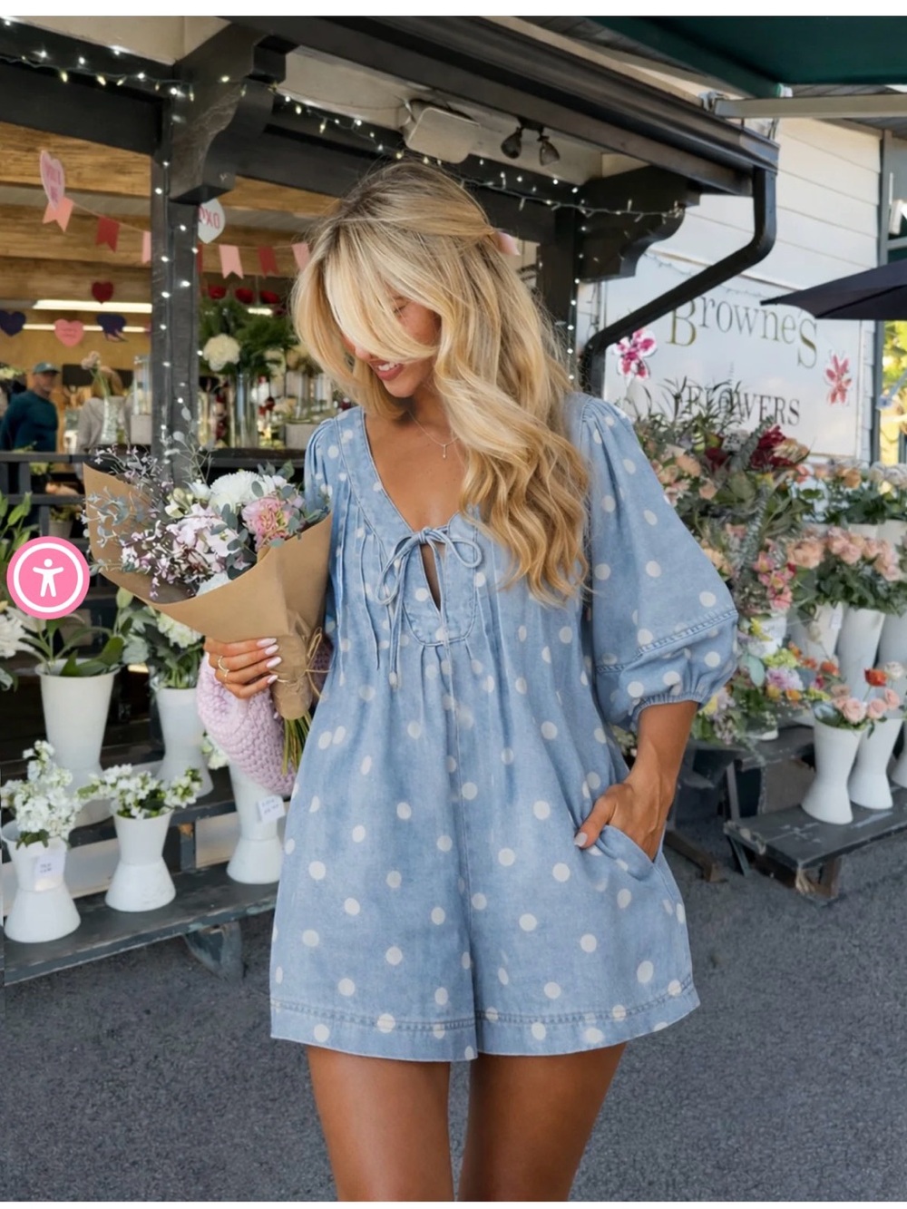 Peach Love California Light Blue Polka Dot Denim Romper